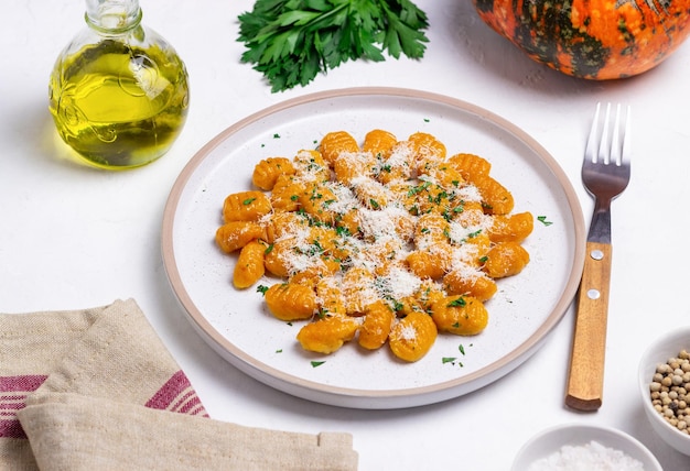 Pumpkin gnocchi with Parmesan cheese and herbs Healthy eating Vegetarian food