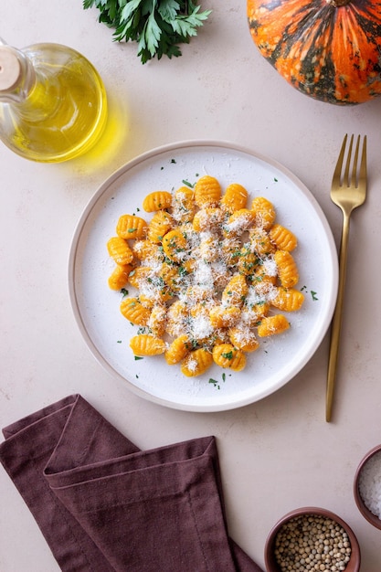 Pumpkin gnocchi with Parmesan cheese and herbs Healthy eating Vegetarian food