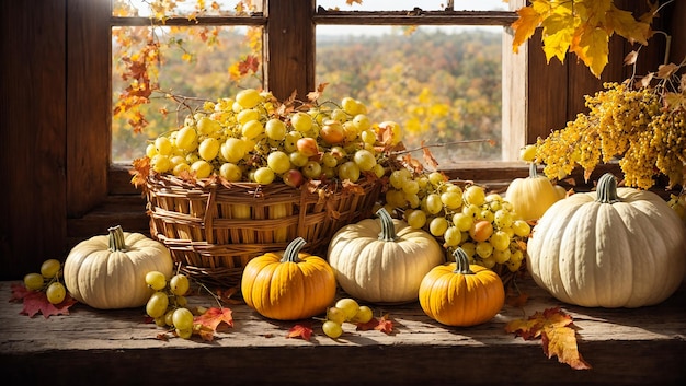 Pumpkin grapes autumn leaves on old background