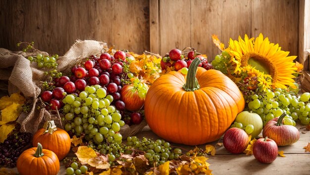 Pumpkin grapes sunflower flower on old background