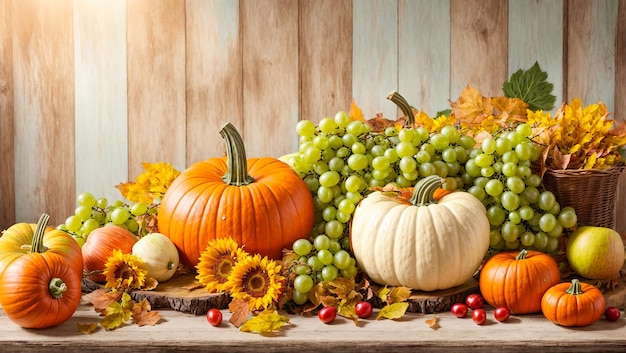 Pumpkin grapes sunflower flower on old background