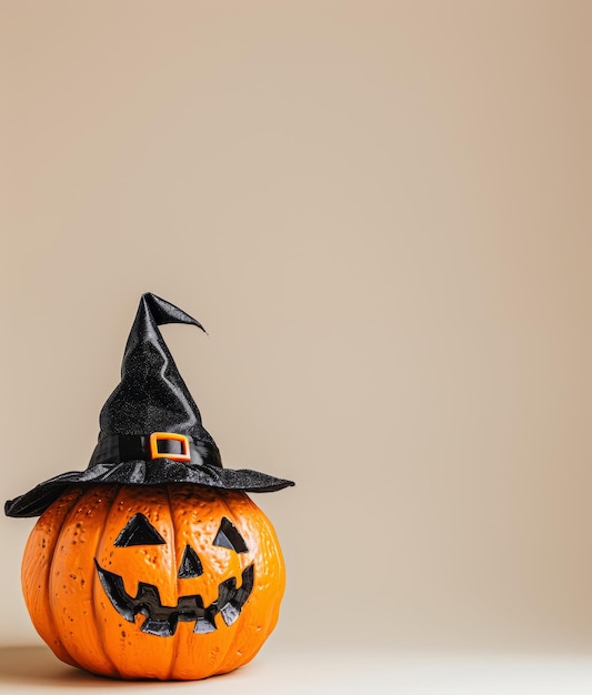 pumpkin in a Halloween hat on a light background copy space