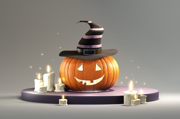 Pumpkin head in a hat with candles