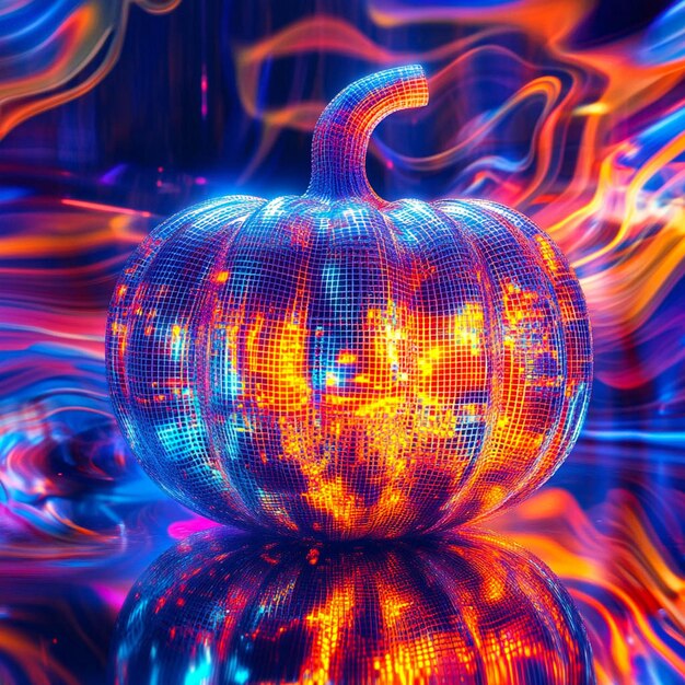 Photo a pumpkin is painted with colorful lines and the words quot glow in the dark quot