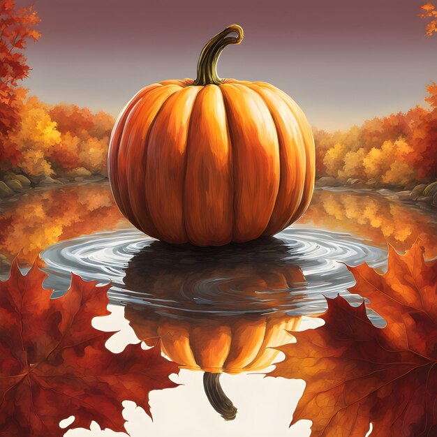 a pumpkin is reflected in a puddle of water