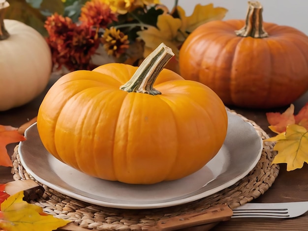 A pumpkin is on a table with a plate of food