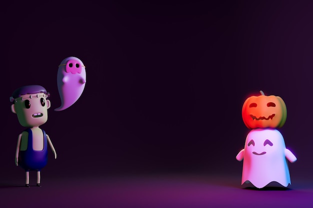 Pumpkin Jack O Lanterns and Ghost on Halloween for background or orther 3D Rendering