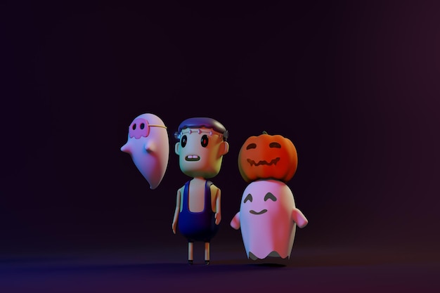 Pumpkin Jack O Lanterns and Ghost on Halloween for background or orther 3D Rendering