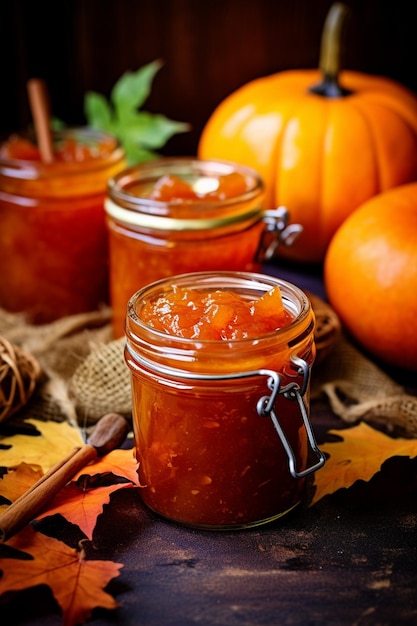 pumpkin jam in a glass jar pumpkin jam on a wooden background Delicious natural marmalade