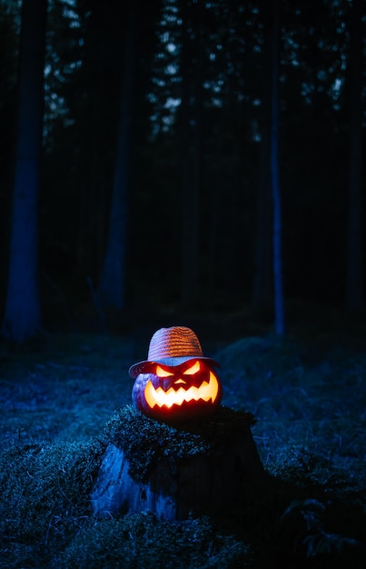 Pumpkin lantern burning in the dark forest the traditional halloween holiday concept background holi...