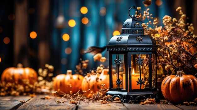 Pumpkin lantern for Halloween by candlelight in the style of spectacular backgrounds on a wooden background in an earthy palette inspired by nature Generative AI