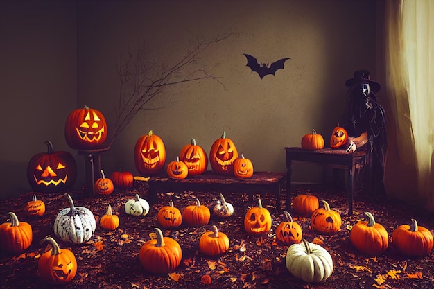 Pumpkin lanterns in the room lying on the foliage Orange pumpkins for the Halloween holiday