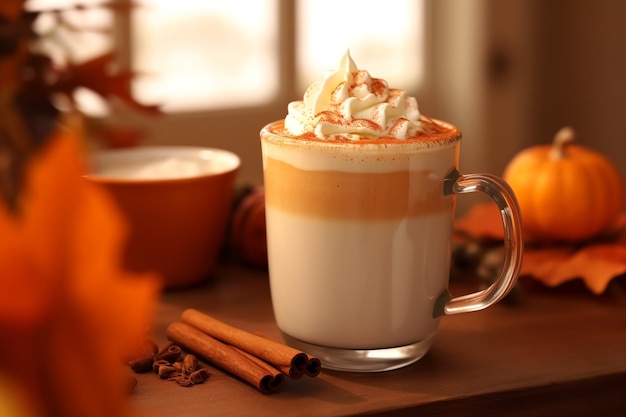 Pumpkin latte in a glass mug with cinnamon nutmeg ai generative