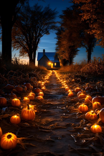 pumpkin patch at night by full moon light