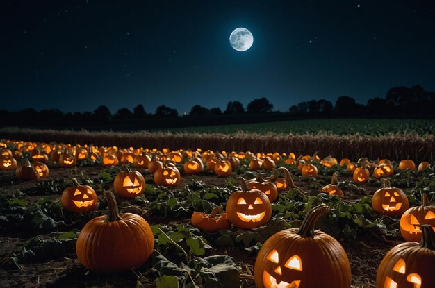 Photo a pumpkin patch at night with carved pumpkins