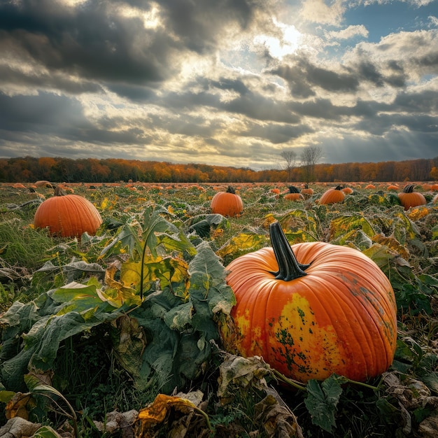 Pumpkin patch at sunset with lush green vines and vibrant orange pumpkins under a colorful sky in