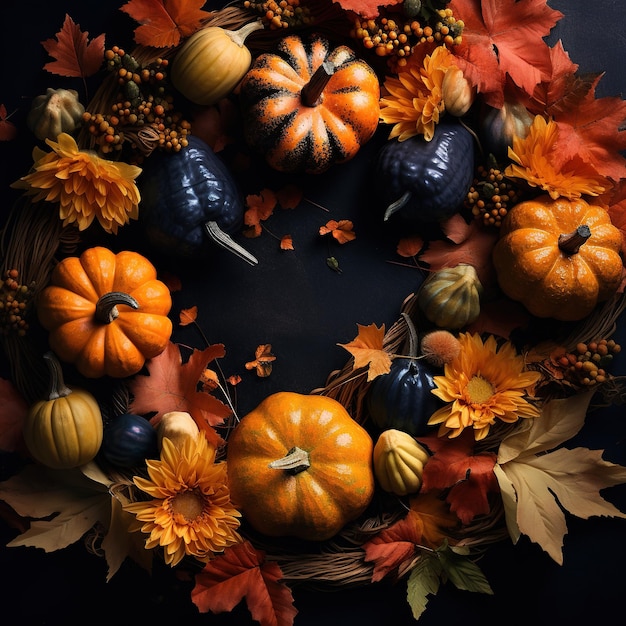 A pumpkin patch with a black background with a pumpkin and gourds on it.