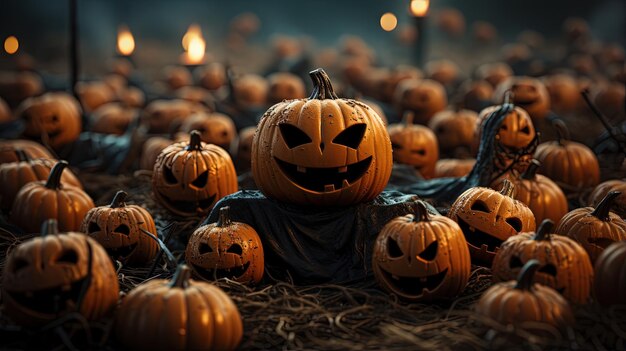 a pumpkin patch with a candle in the background