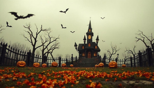 Photo a pumpkin patch with a castle in the background and a pumpkin patch with birds flying around it