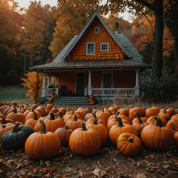 Photo a pumpkin patch with a house in the background