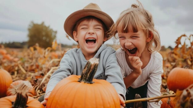 Photo a pumpkin patch with kids picking out pumpkins and laughing