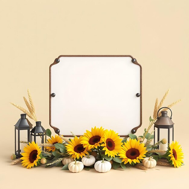 a pumpkin patch with sunflowers and a sign that says pumpkins