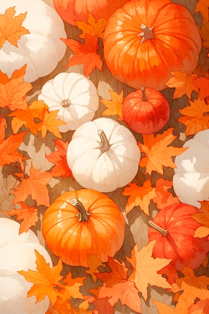 a pumpkin patch with white pumpkins and some orange leaves