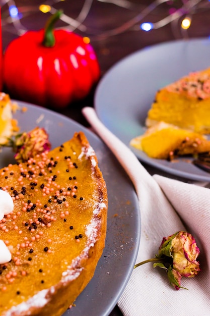 Pumpkin Pie autumn traditional homemade pastry dessert close up