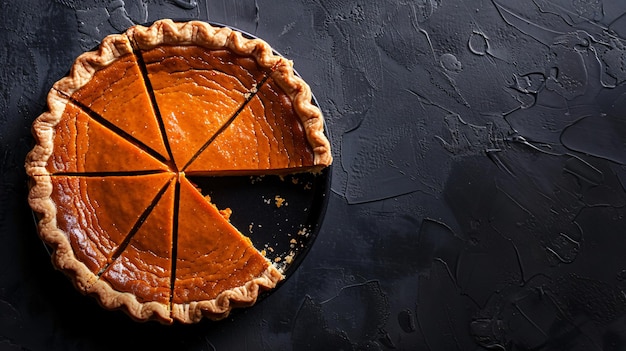 a pumpkin pie on a black table with drops of water on it