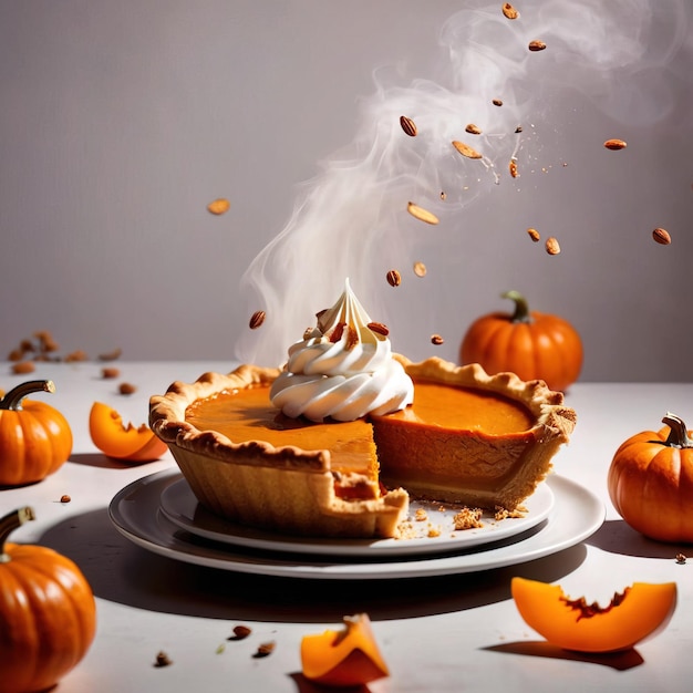 Pumpkin pie traditional festive Thanksgiving baked dessert dynamic bursting creative layout