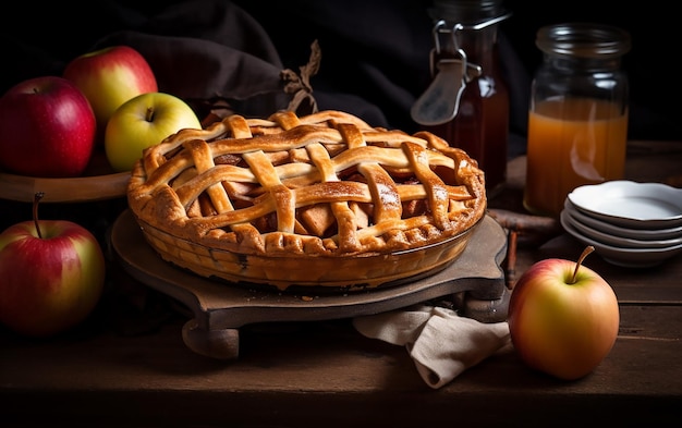 A pumpkin pie with apples on a table