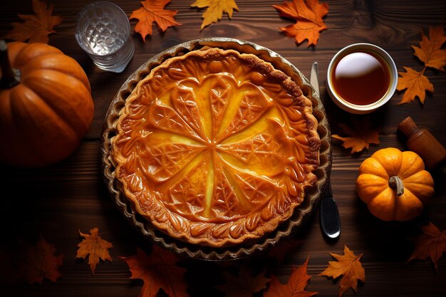 A pumpkin pie with a patterned crust on a Thanksgiving table