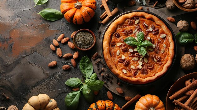 Pumpkin Pie with Pecan Topping and Almonds