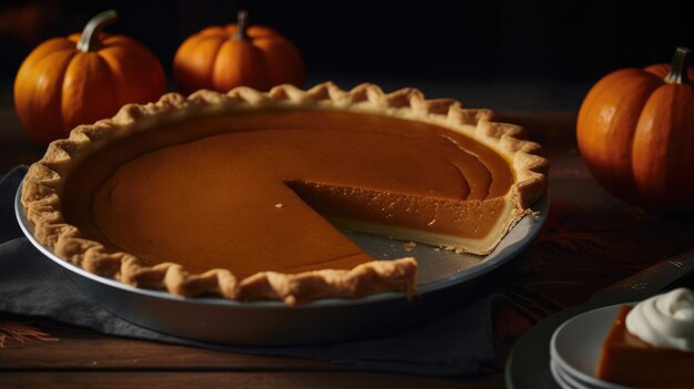 A pumpkin pie with a slice taken out of it