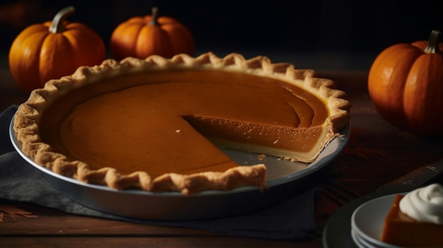 A pumpkin pie with a slice taken out of it