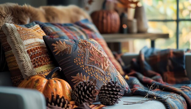 A pumpkin and a pillow with leaves on it are on a couch