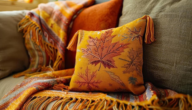 A pumpkin and a pillow with leaves on it are on a couch