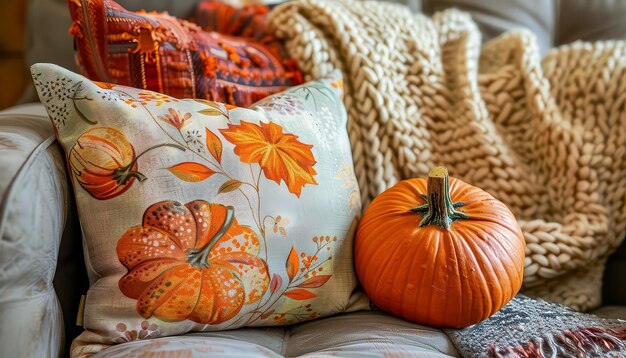 A pumpkin and a pillow with leaves on it are on a couch