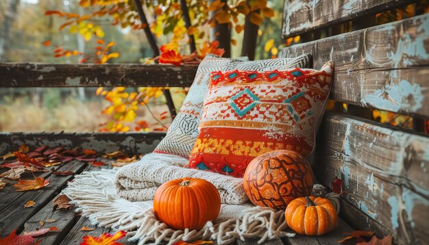 A pumpkin and a pillow with leaves on it are on a couch