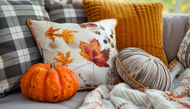 A pumpkin and a pillow with leaves on it are on a couch