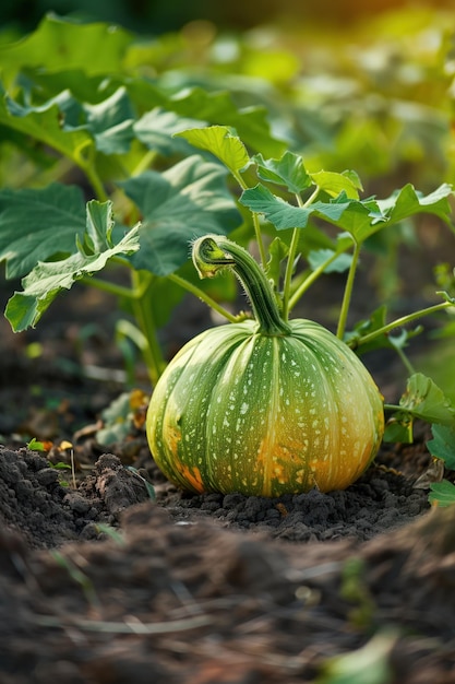 Photo pumpkin plant with large green pumpkin yellow stem and surrounding leaves garden setting with