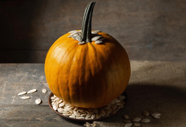 Pumpkin in a plate with pumpkin seeds on a wooden table