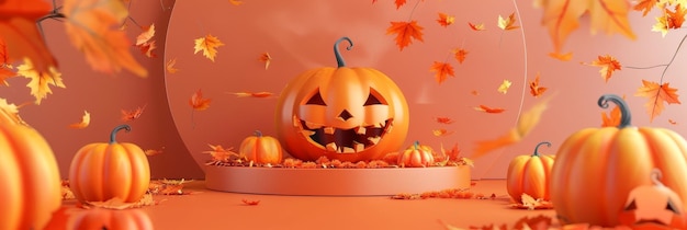 Pumpkin Podium Platform Display for Festive Halloween with Autumn Leaves Background and Spooky Atmosphere