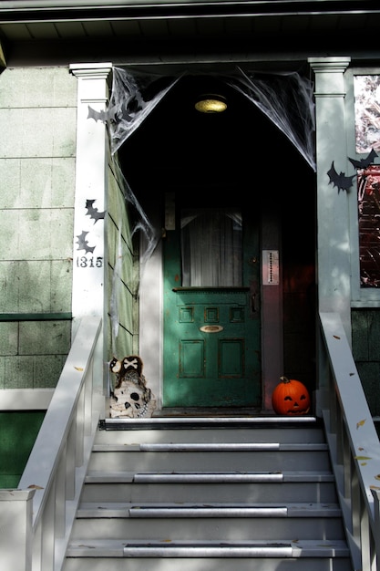 Pumpkin on a porch of an old wooden house in Vancouver British Columbia Canada