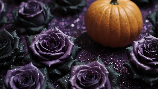 Photo a pumpkin and a pumpkin are on a table with purple roses