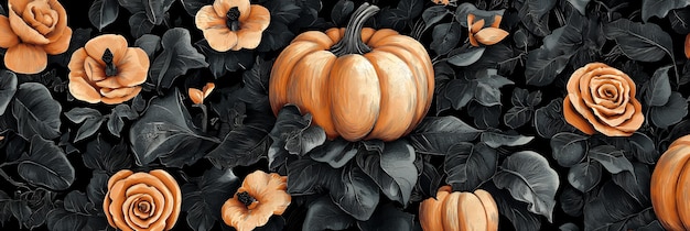 Photo pumpkin and roses on dark foliage background