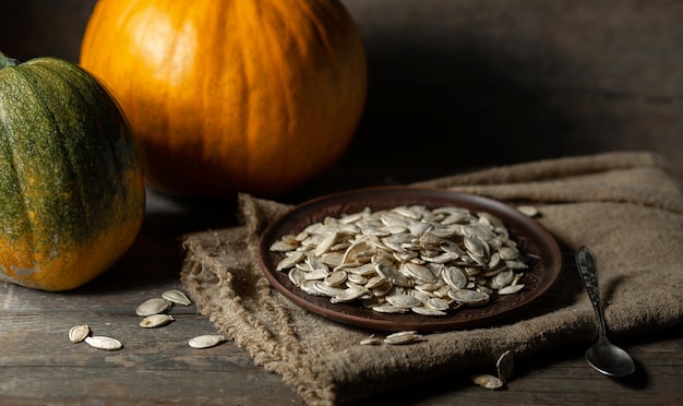 Pumpkin seeds on a brown plate on a wooden background