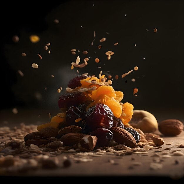 Pumpkin seeds falling into the air on a black background