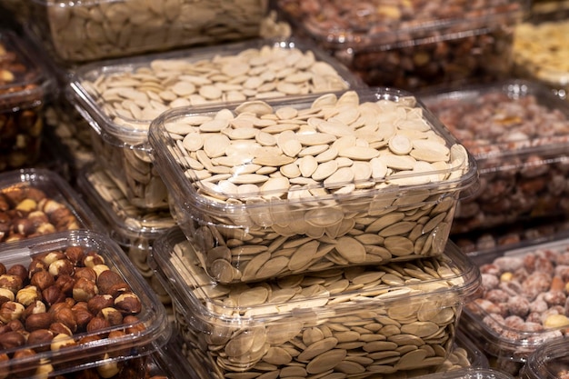 Pumpkin seeds packed on the counter