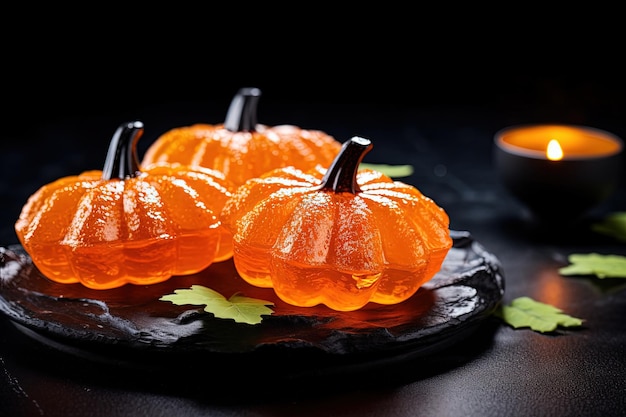 Pumpkin shaped jelly candies on a dark background Halloween theme top down view